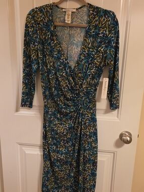 laundry by design wrap dress LAUNDRY BY DESIGN Wrap Dress XS Pink Black Geometric Print Cocktail 3/4  Sleeves